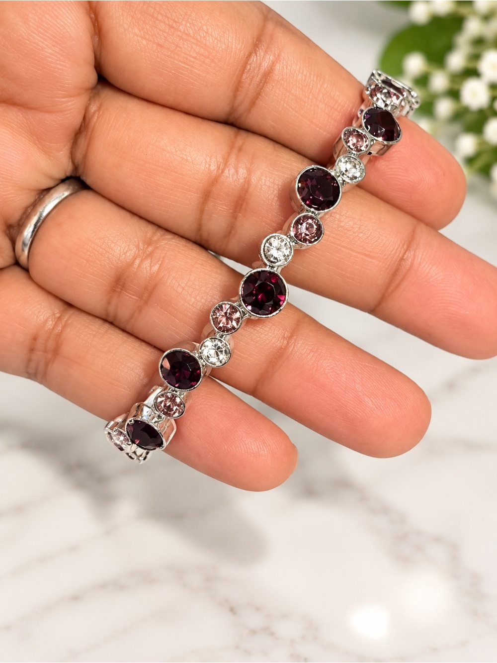 Source Unknown Silver Bracelet with Deep Burgundy and Light Pink Stones
